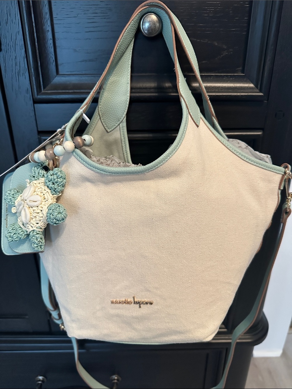 Nanette Lepore Cream and Mint Canvas Tote with Beaded Turtle Charm